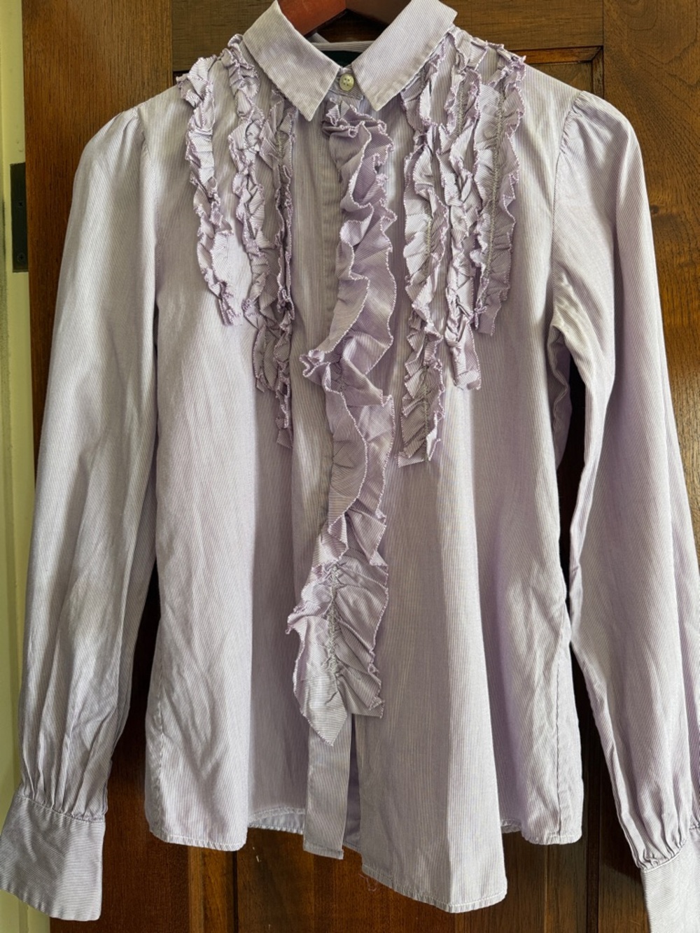 Dolce & Gabbana Light Lavender Pinstripe Ruffled Button Shirt